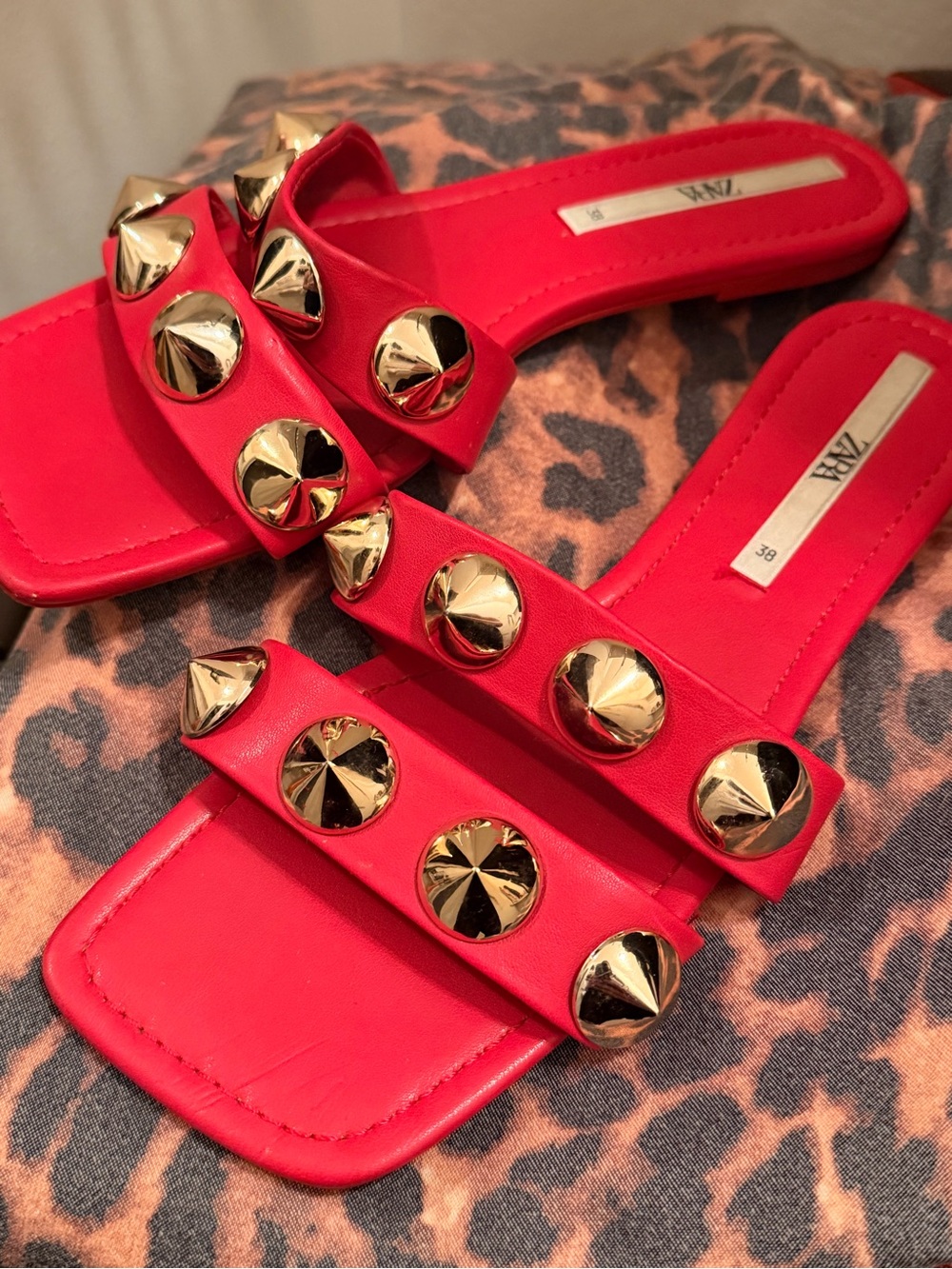 ZARA Bright Red Slide Sandals with Gold Studs